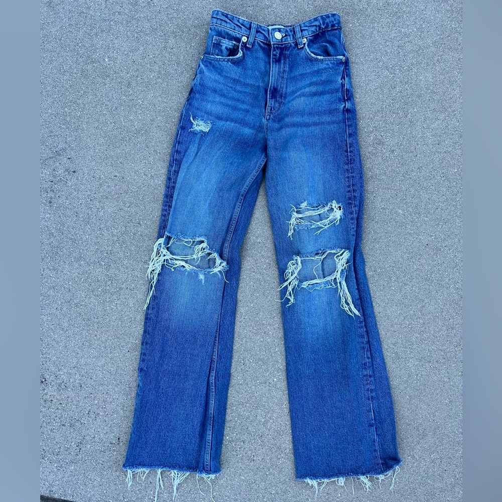 Zara high rise wide leg distressed blue jeans